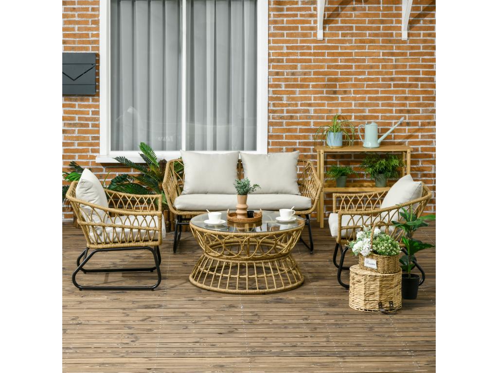 Ensemble de mobilier de jardin en résine tressée beige - dlz1766583472321