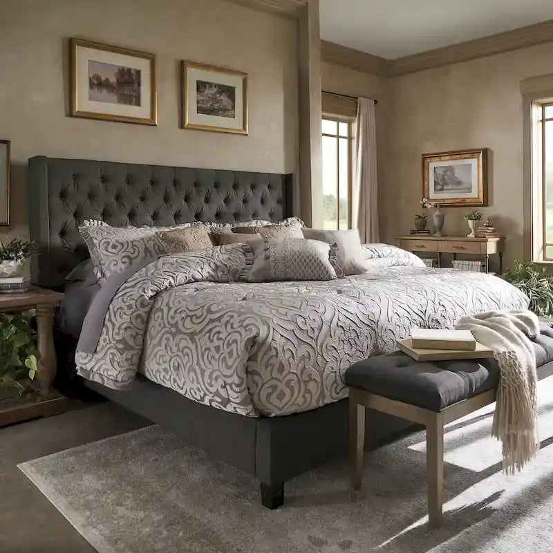 Lit king size capitonné à oreilles Detmold