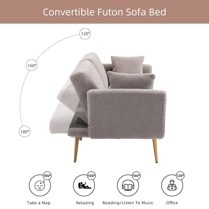 Canapé-lit deux places capitonné en tissu Teddy avec pieds en or rose