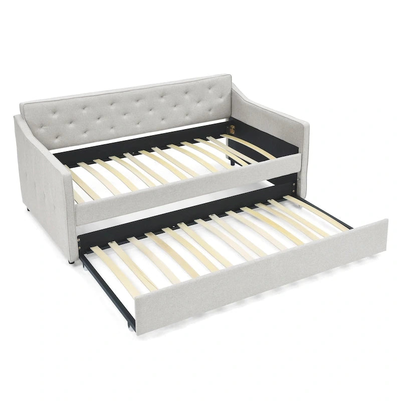 Lit de jour double avec lit gigogne double, revêtement rembourré