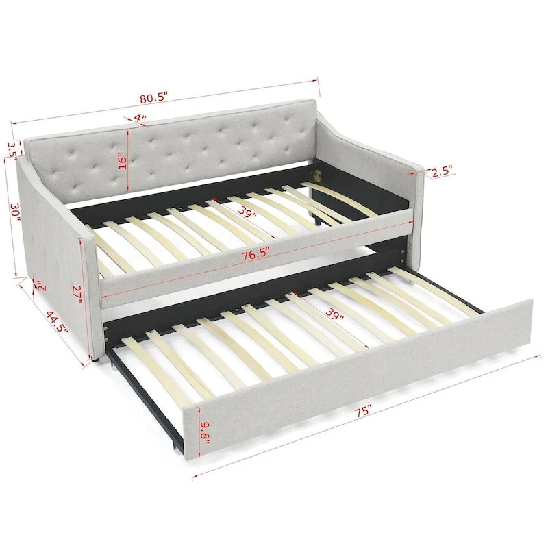 Lit de jour double avec lit gigogne double, revêtement rembourré