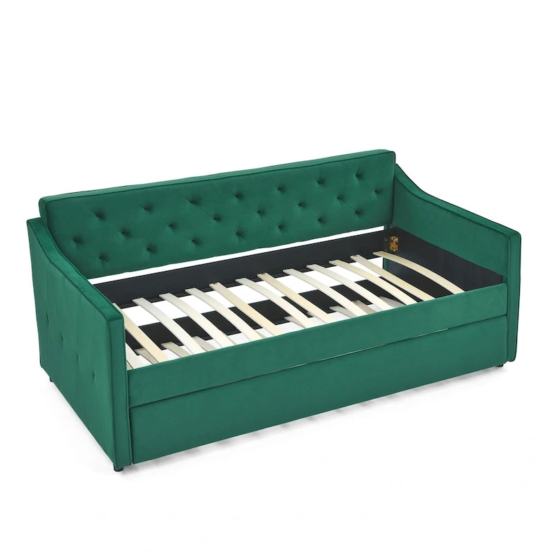 Lit de jour double avec lit gigogne double, revêtement rembourré