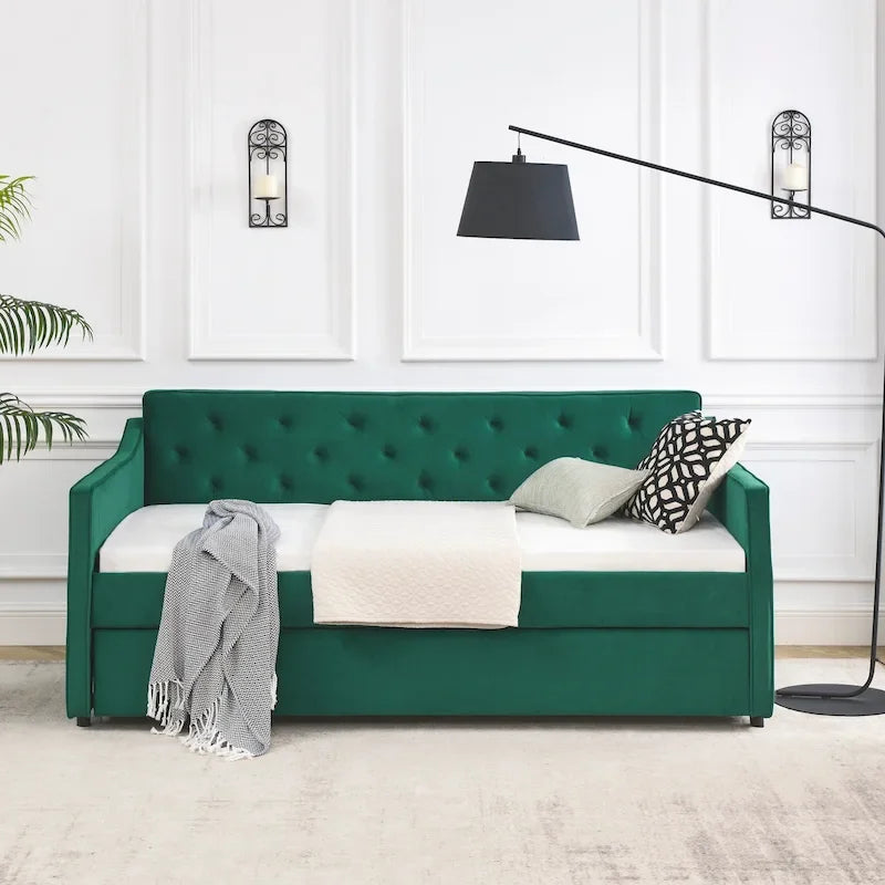 Lit de jour double avec lit gigogne double, revêtement rembourré