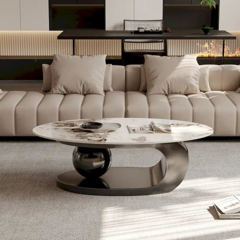 Table basse ovale Pandora moderne de 51 pouces avec plateau en pierre frittée brillante, table basse de luxe, pieds en acier inoxydable pour salon