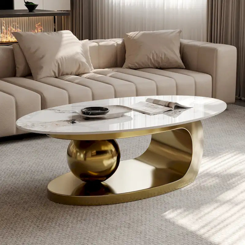 Table basse ovale Pandora moderne de 51 pouces avec plateau en pierre frittée brillante, table basse de luxe, pieds en acier inoxydable pour salon