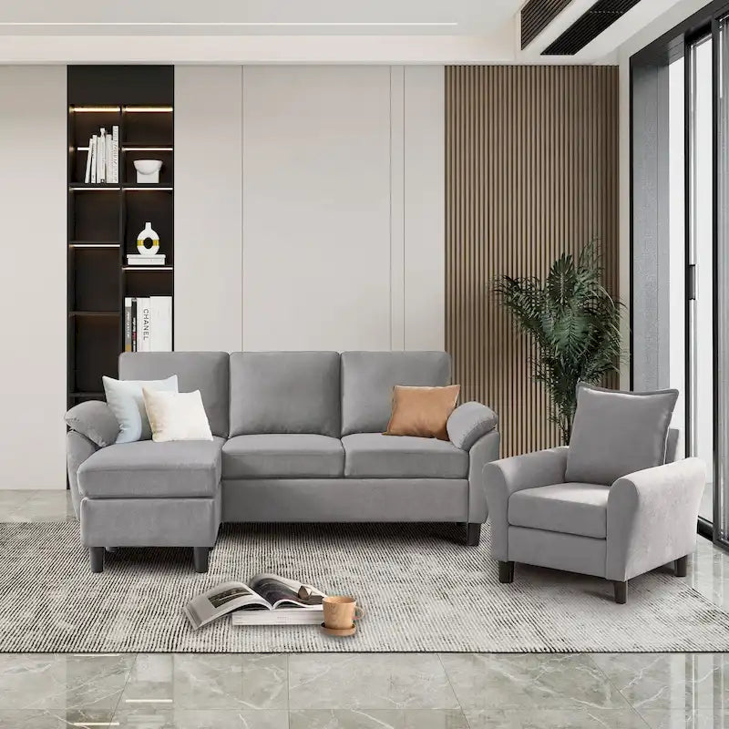 Ensemble canapé d'angle 3 pièces avec fauteuil et pouf