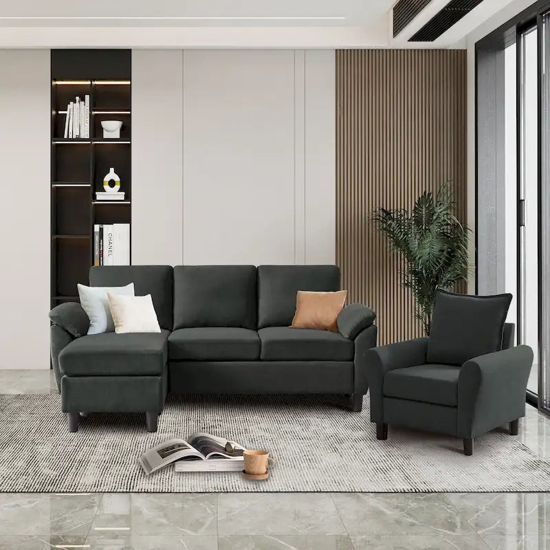 Ensemble canapé d'angle 3 pièces avec fauteuil et pouf