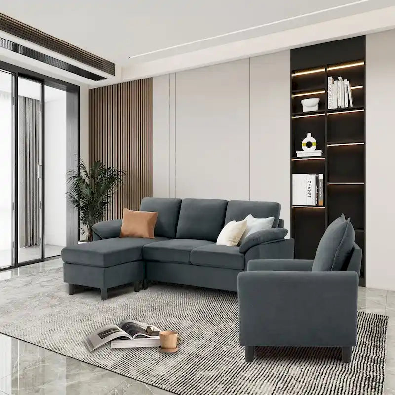 Ensemble canapé d'angle 3 pièces avec fauteuil et pouf