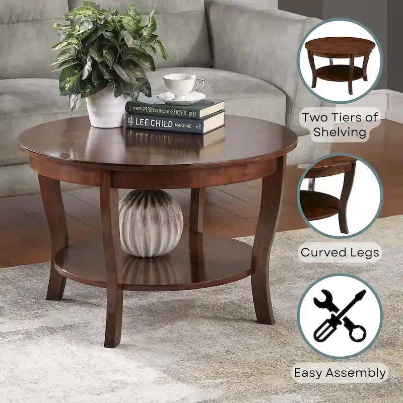 Table basse ronde American Heritage de Convenience Concepts avec étagère