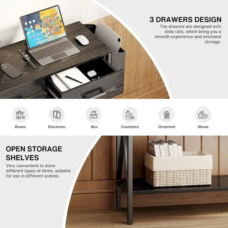 Console à 3 tiroirs, table d'entrée avec étagères de rangement à 3 niveaux