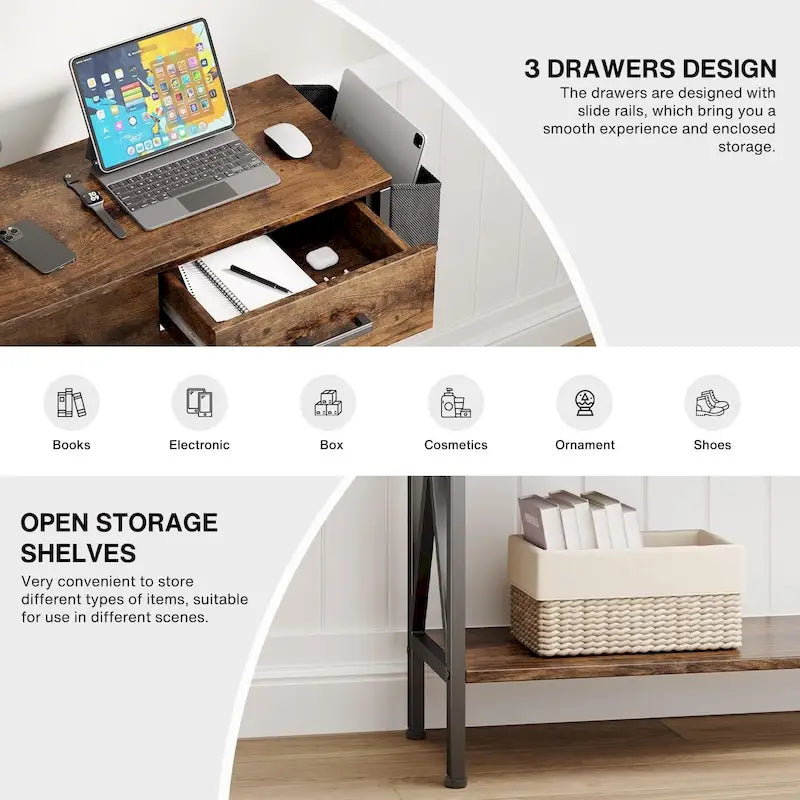 Console à 3 tiroirs, table d'entrée avec étagères de rangement à 3 niveaux