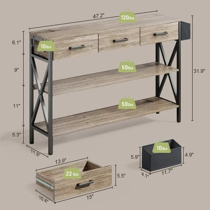 Console à 3 tiroirs, table d'entrée avec étagères de rangement à 3 niveaux