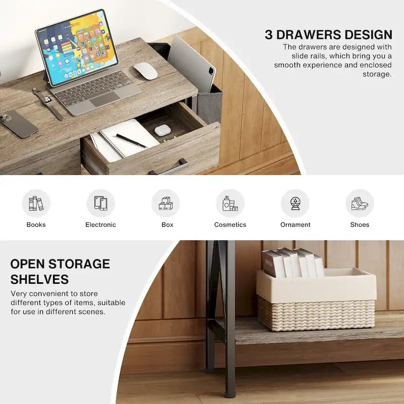 Console à 3 tiroirs, table d'entrée avec étagères de rangement à 3 niveaux