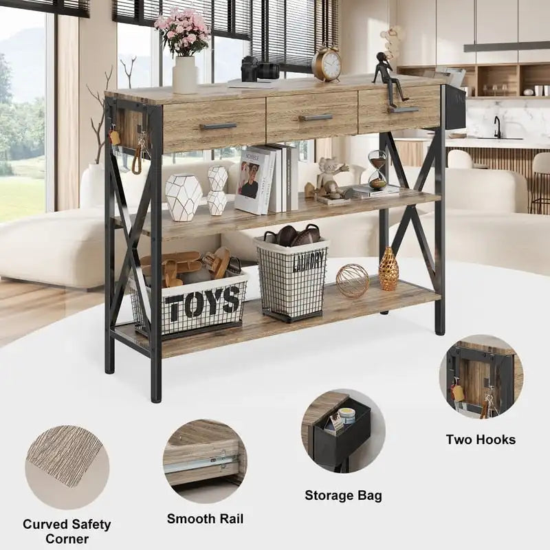 Console à 3 tiroirs, table d'entrée avec étagères de rangement à 3 niveaux