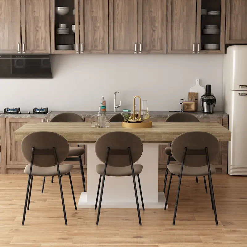 Table de salle à manger en bois extensible, idéale pour les réunions et le travail sur ordinateur.