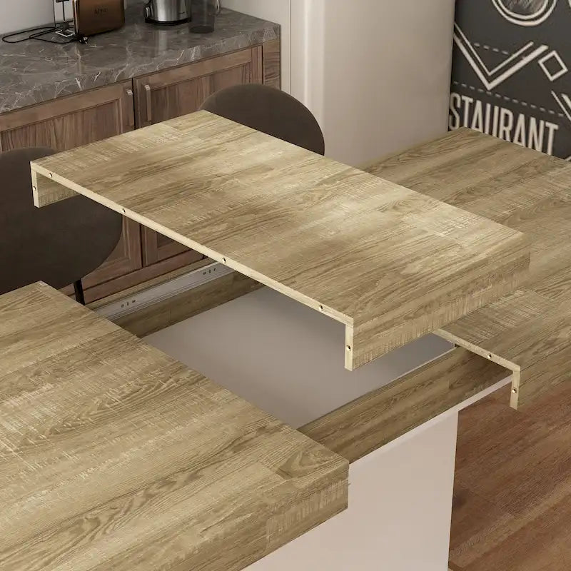 Table de salle à manger en bois extensible, idéale pour les réunions et le travail sur ordinateur.