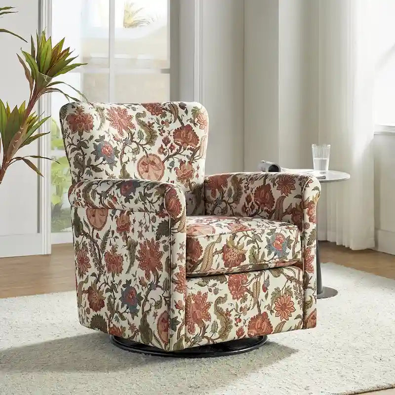 Fauteuil à bascule pivotant Georg en tissu floral confortable avec accoudoirs roulés par HULALA HOME