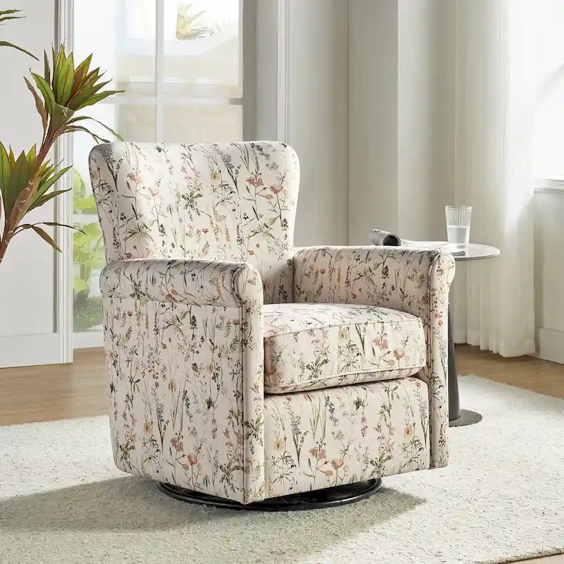 Fauteuil à bascule pivotant Georg en tissu floral confortable avec accoudoirs roulés par HULALA HOME