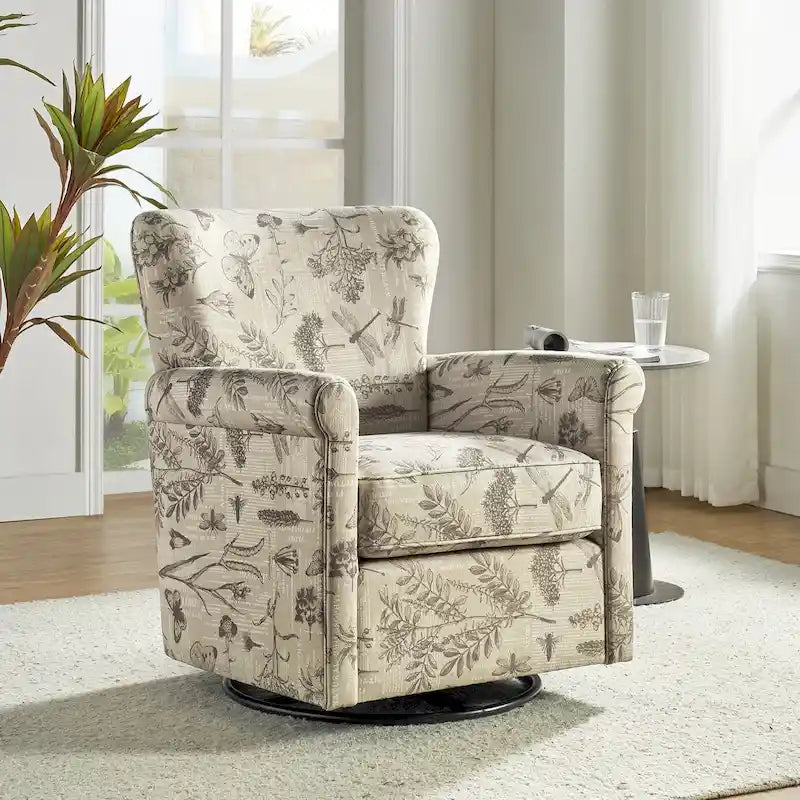 Fauteuil à bascule pivotant Georg en tissu floral confortable avec accoudoirs roulés par HULALA HOME