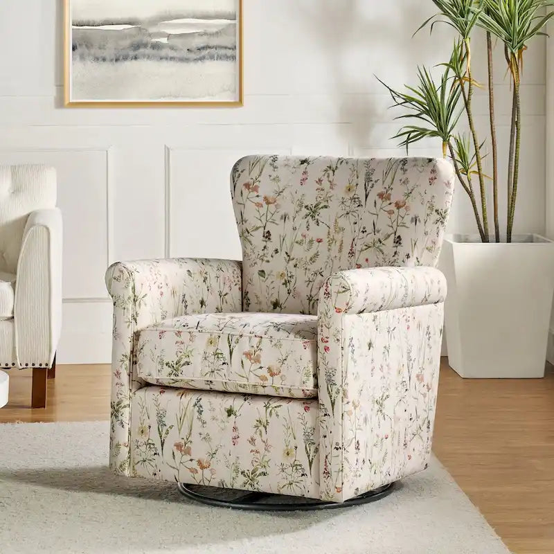 Fauteuil à bascule pivotant Georg en tissu floral confortable avec accoudoirs roulés par HULALA HOME