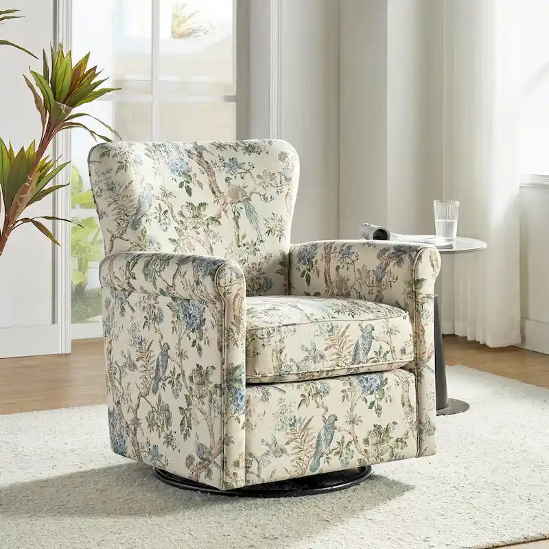 Fauteuil à bascule pivotant Georg en tissu floral confortable avec accoudoirs roulés par HULALA HOME