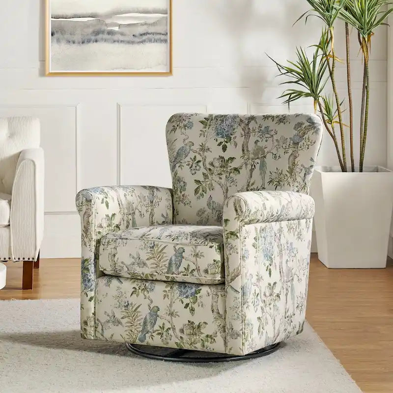 Fauteuil à bascule pivotant Georg en tissu floral confortable avec accoudoirs roulés par HULALA HOME