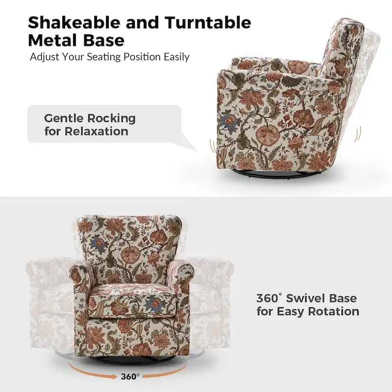 Fauteuil à bascule pivotant Georg en tissu floral confortable avec accoudoirs roulés par HULALA HOME
