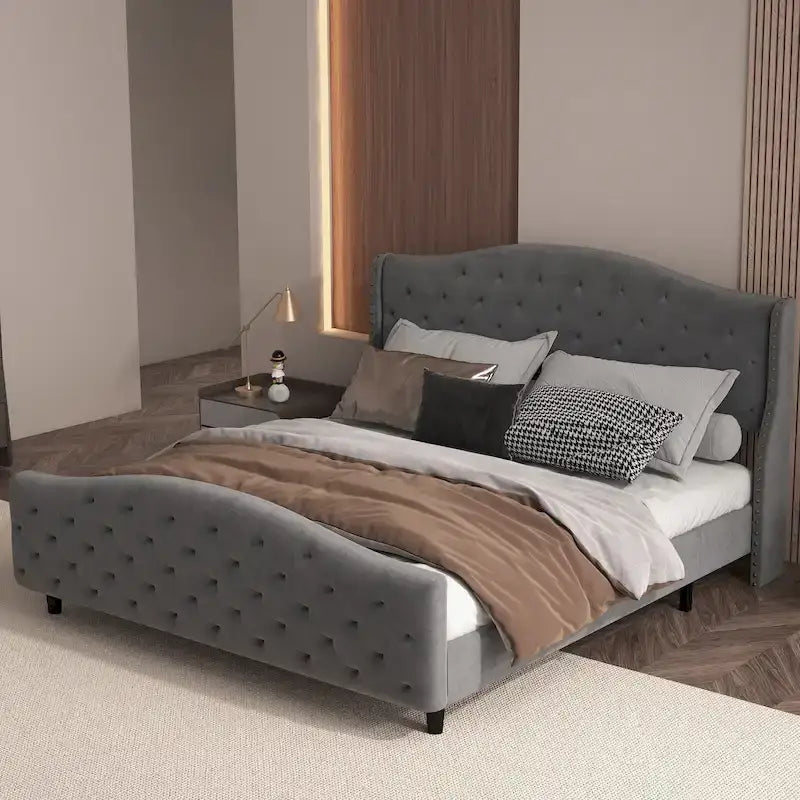 Cadre de lit, tête de lit capitonnée à oreilles, sans sommier, supporte jusqu'à 363 kg (800 lb).