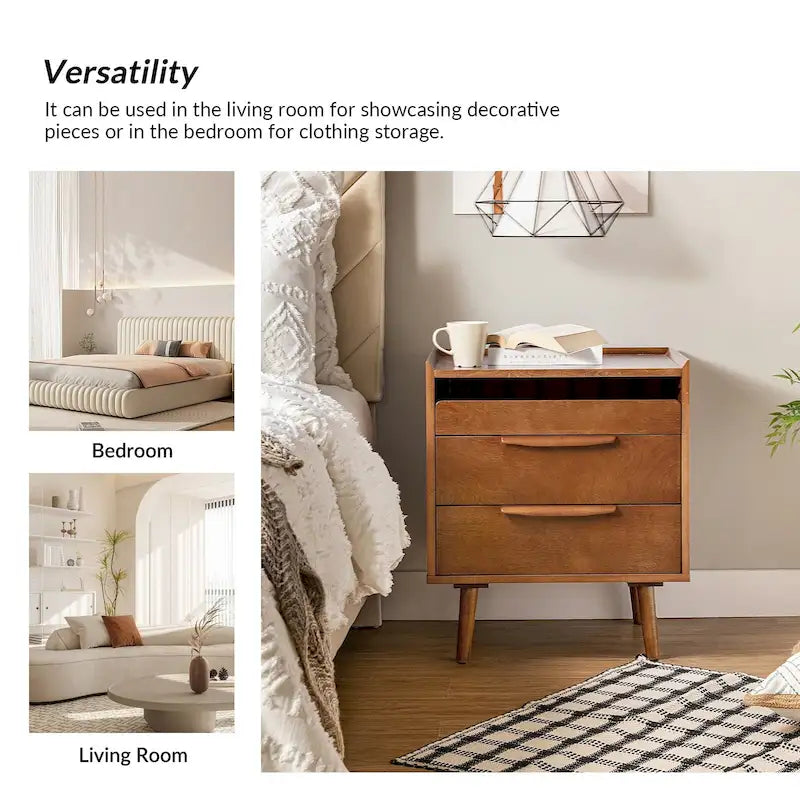 Table de chevet Lisa style moderne du milieu du siècle à 3 tiroirs avec station de recharge par HULALA HOME