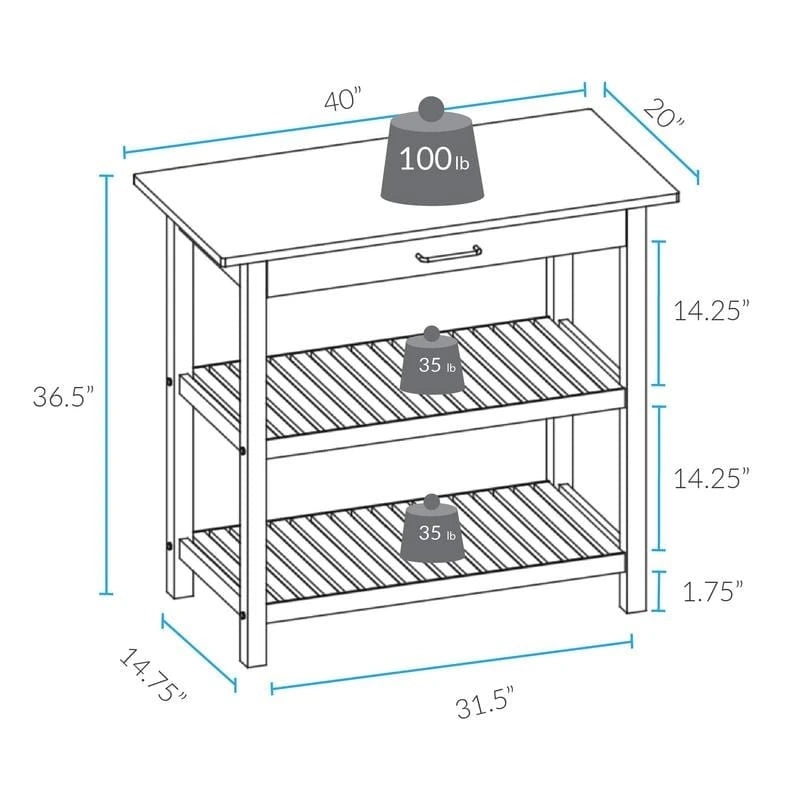 Îlot de cuisine à 2 étagères avec plateau en bois massif naturel - Non disponible