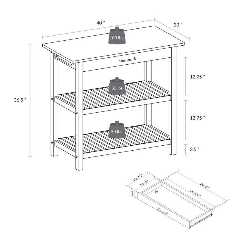 Îlot de cuisine à 2 étagères avec plateau en bois massif naturel - Non disponible