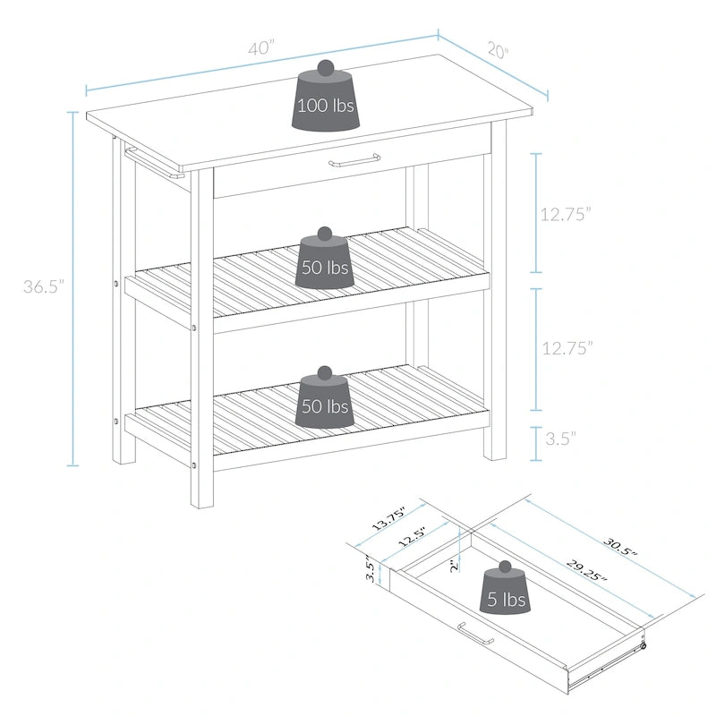 Îlot de cuisine à 2 étagères avec plateau en bois massif naturel - Non disponible