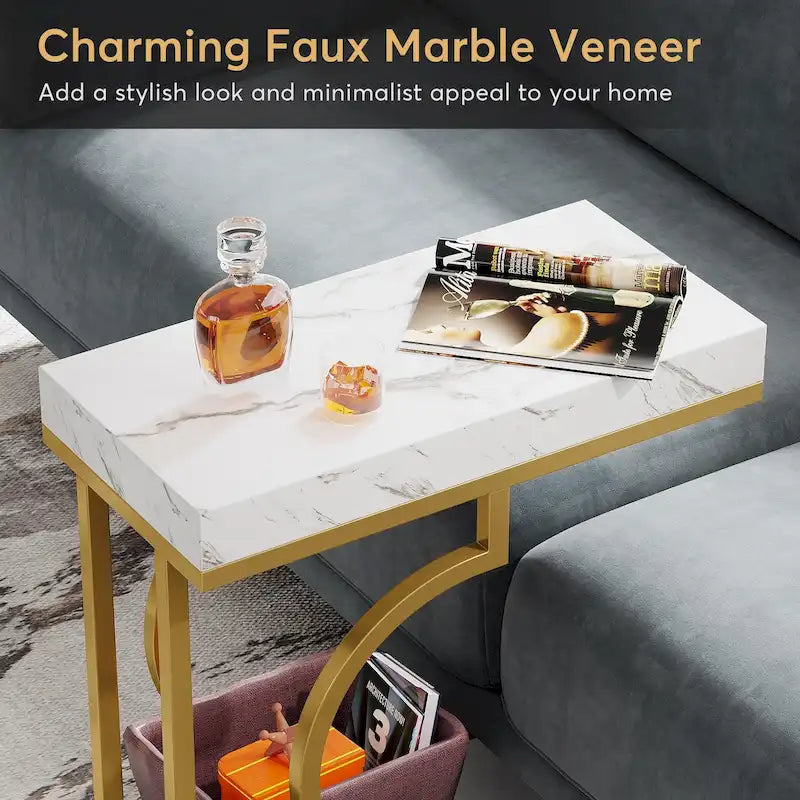 Table d'appoint étroite blanche et dorée, table de chevet en forme de C, table de chevet moderne, petite table d'appoint pour canapé ou salon