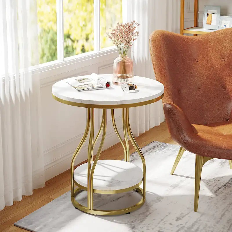 Table d'appoint ronde à deux niveaux en faux marbre avec cadre en métal élégant, table de chevet moderne et simple