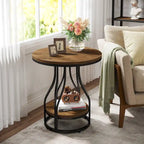 2-Tier Faux Marble Round End Side Table with Stylish Metal Frame,Modern Simple Bedside Nightstand Accent Tables
