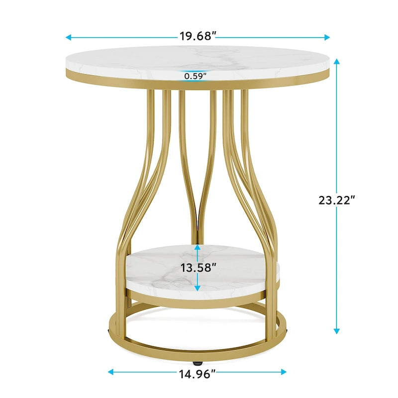 Table d'appoint ronde à deux niveaux en faux marbre avec cadre en métal élégant, table de chevet moderne et simple
