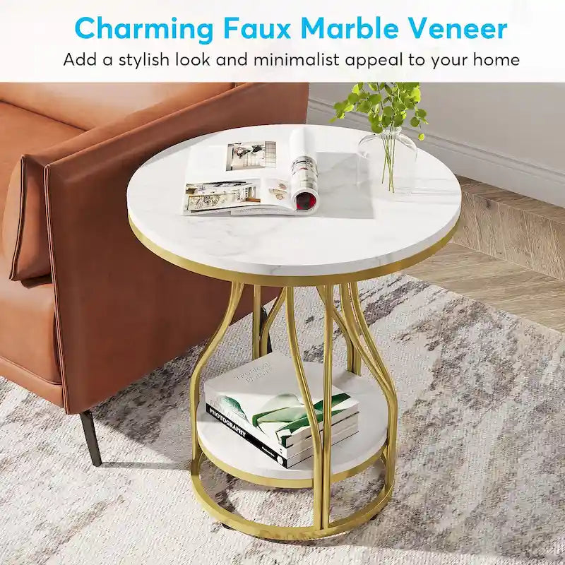 Table d'appoint ronde à deux niveaux en faux marbre avec cadre en métal élégant, table de chevet moderne et simple