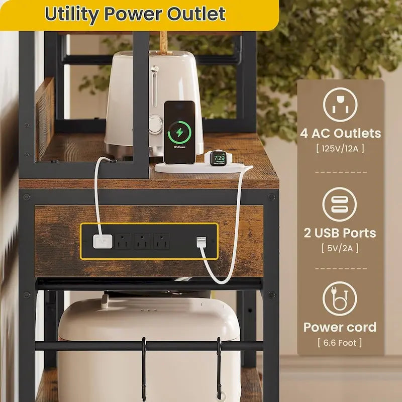 Étagère de boulanger de 120 cm avec prise électrique et coin café avec armoire