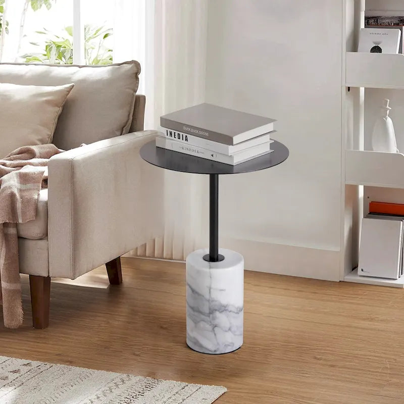 Round End Table with Marble Base, Circular Accent Living Room or Bedside Side Table