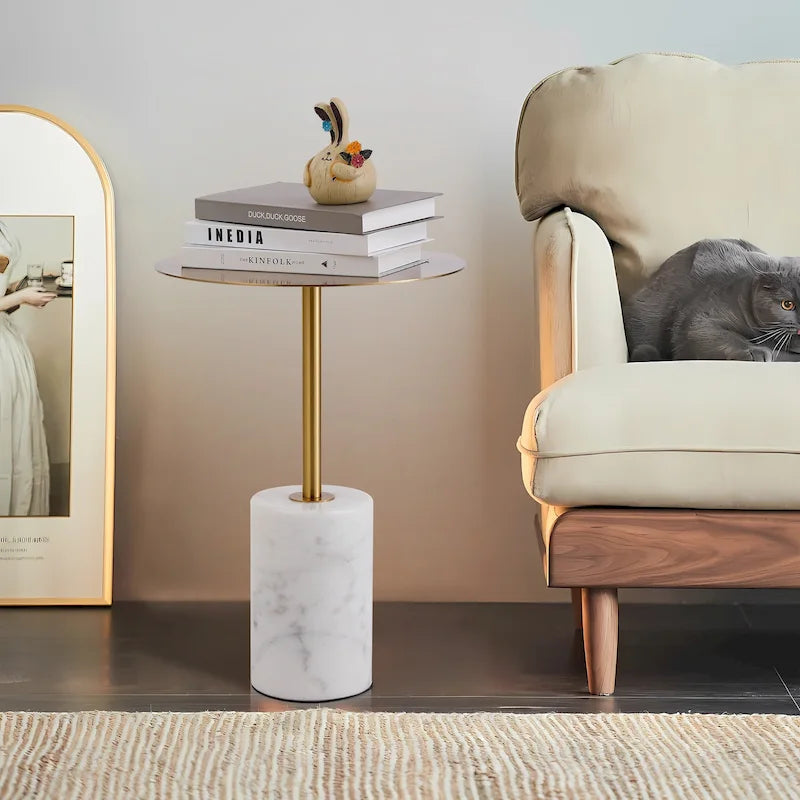 Table d'appoint ronde avec base en marbre, table de chevet circulaire pour salon ou chambre à coucher