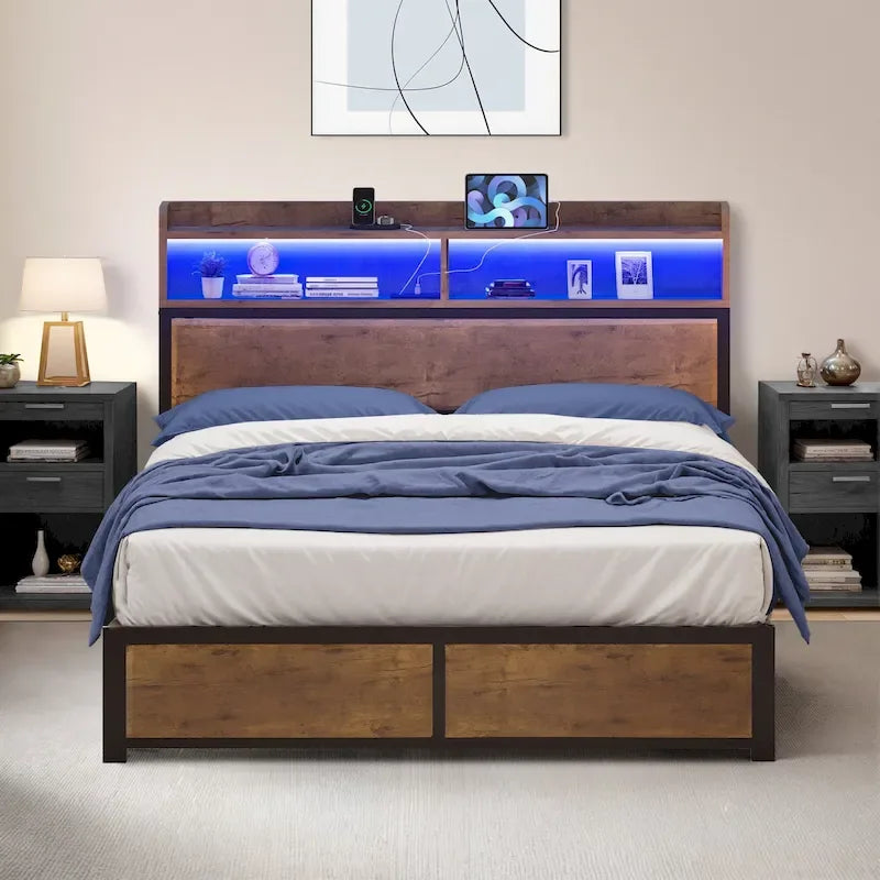 Moasis King Industry Bed Frame Storage Shelves Metal Platform Bed Frame