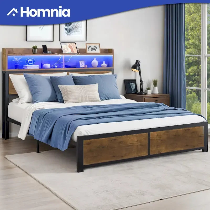 Cadre de lit Moasis King Industry avec étagères de rangement et cadre de lit plateforme en métal
