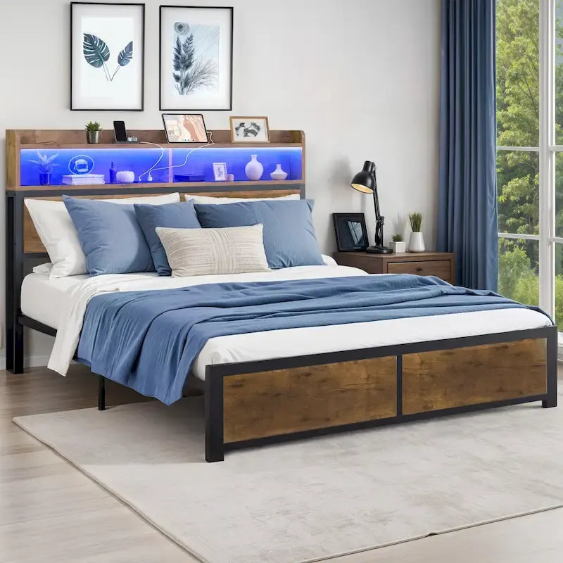 Cadre de lit Moasis King Industry avec étagères de rangement et cadre de lit plateforme en métal