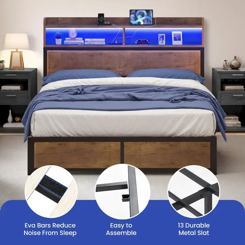 Cadre de lit Moasis King Industry avec étagères de rangement et cadre de lit plateforme en métal