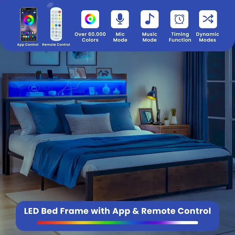 Cadre de lit Moasis King Industry avec étagères de rangement et cadre de lit plateforme en métal