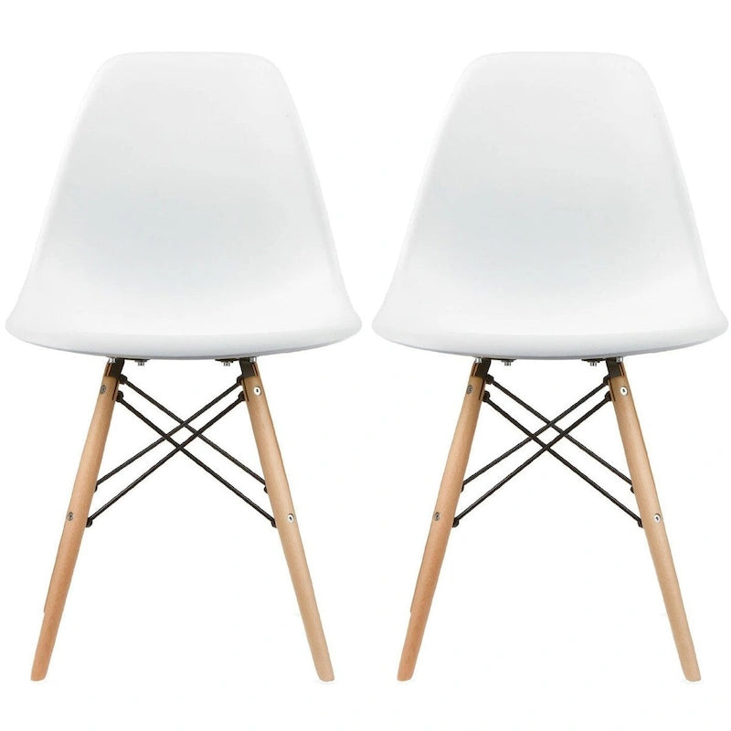 Ensemble de 2 chaises Eiffel design en plastique, pieds en bois massif, style rétro, coque moulée, idéales pour la salle à manger, l'hôtel, la cuisine ou la chambre.