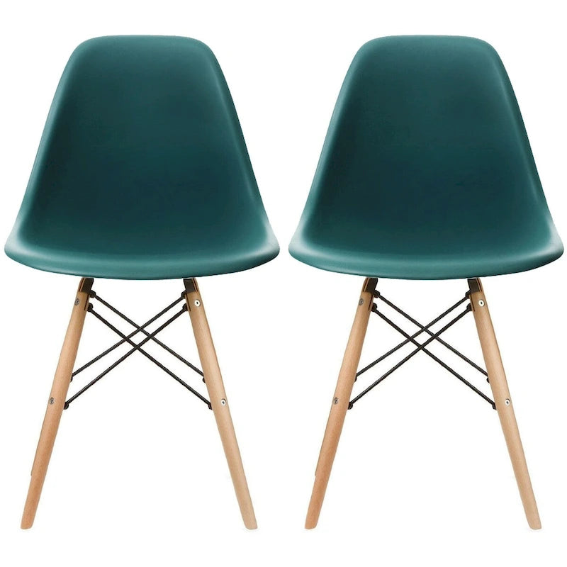 Ensemble de 2 chaises Eiffel design en plastique, pieds en bois massif, style rétro, coque moulée, idéales pour la salle à manger, l'hôtel, la cuisine ou la chambre.