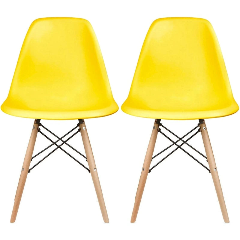 Ensemble de 2 chaises Eiffel design en plastique, pieds en bois massif, style rétro, coque moulée, idéales pour la salle à manger, l'hôtel, la cuisine ou la chambre.