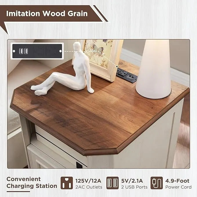 Table de chevet style ferme 18 pouces avec station de recharge, table d'appoint, table de chevet
