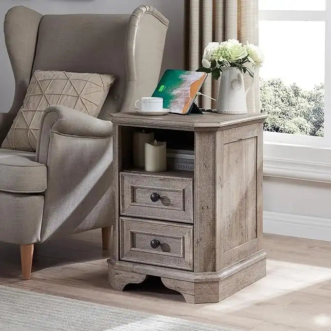 Table de chevet style ferme 18 pouces avec station de recharge, table d'appoint, table de chevet